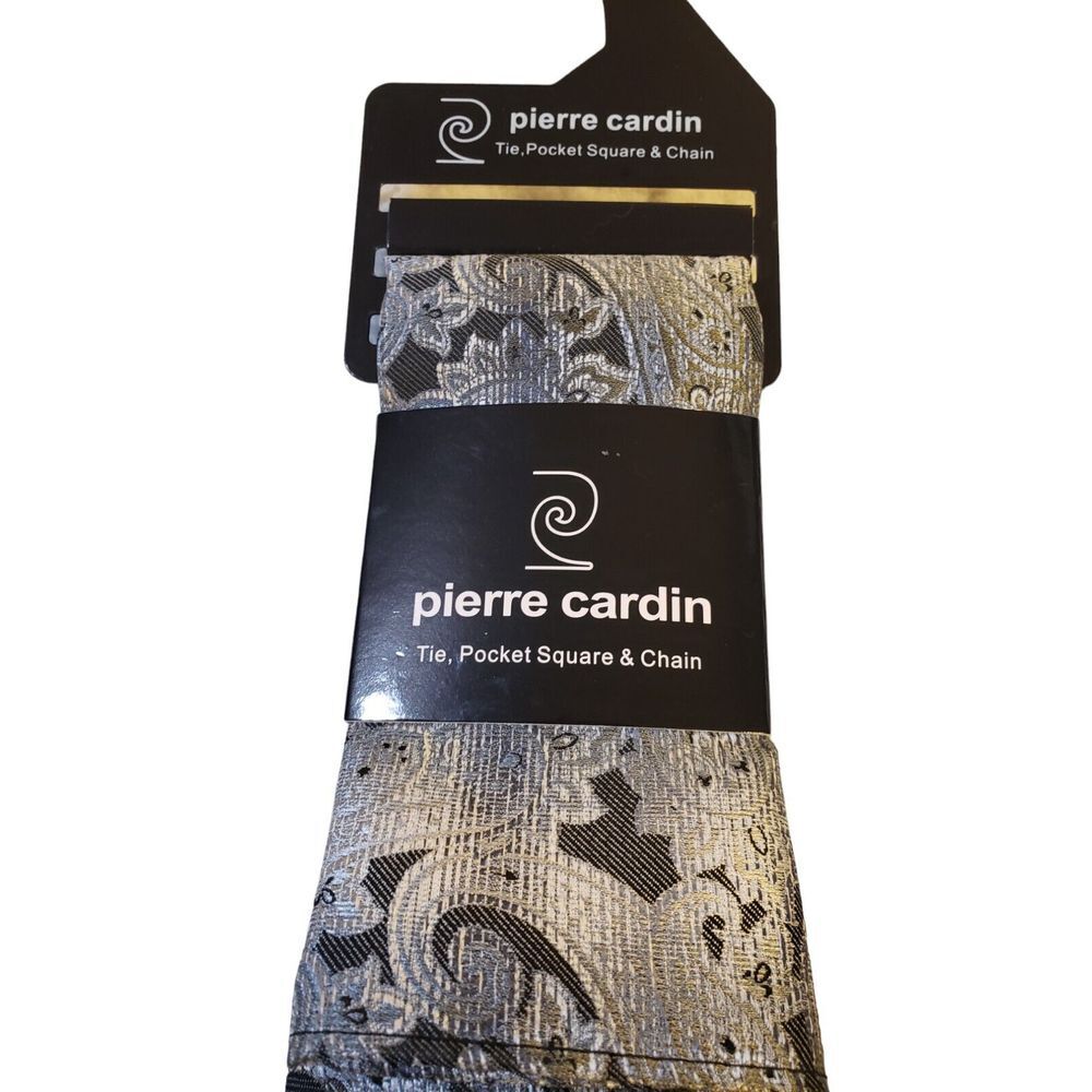 Pierre Cardin Men's Tie and Pocket Square‎ And Tie Bar Black Gray Paisley NEW